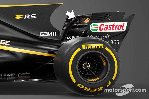 Bagian sayap belakang (penunjuk arah putih) mobil F1 tim Renault Sport RS17 yang mesti diubah. (Foto-Motorsport)