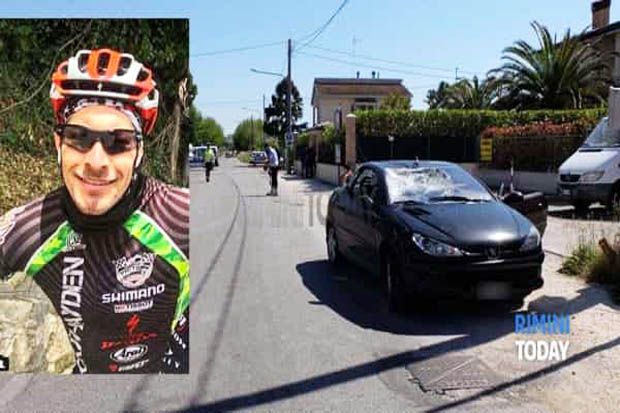 Nicky Hayden (kiri) dan mobil yang menabraknya saat bersepeda di Rimini. (Foto-riminitoday)