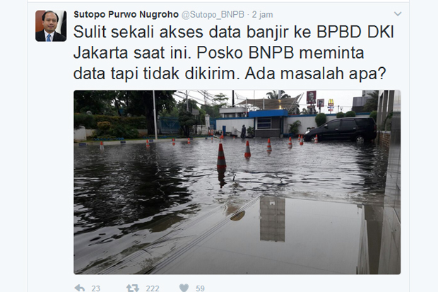 BNPB Kesulitan Dapat Informasi dari BPBD DKI, Ada Apa?