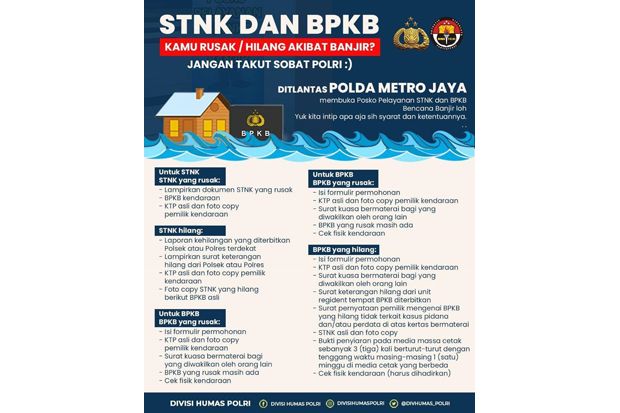 Polda Metro Jaya Beri Kemudahan Pengurusan STNK dan BPKB Korban Banjir