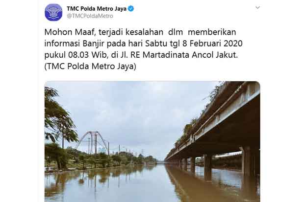 Akun TMC Polda Metro Jaya Minta Maaf Soal Salah Informasikan Banjir